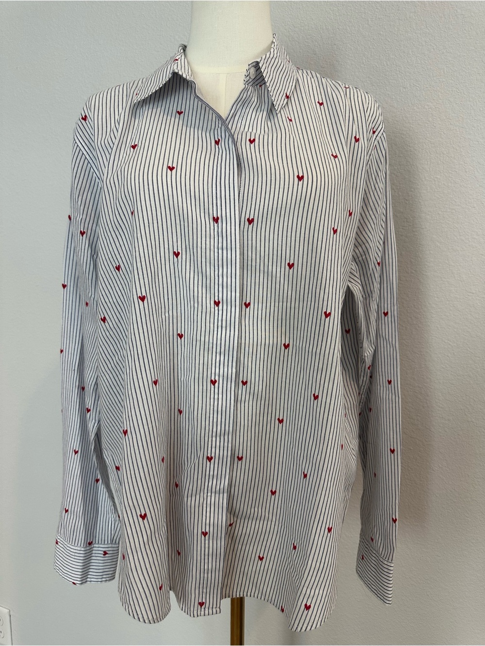 Rails White Pinstripe Button-Down Shirt with Red Heart Embroidery
